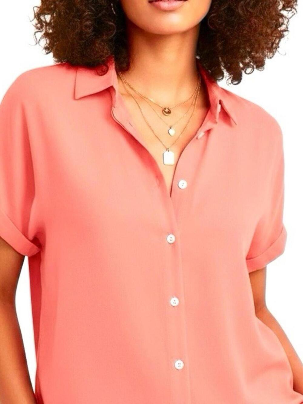 Womens Short Sleeve Shirts V Neck Collared Button Down Shirt Tops with Pockets M
